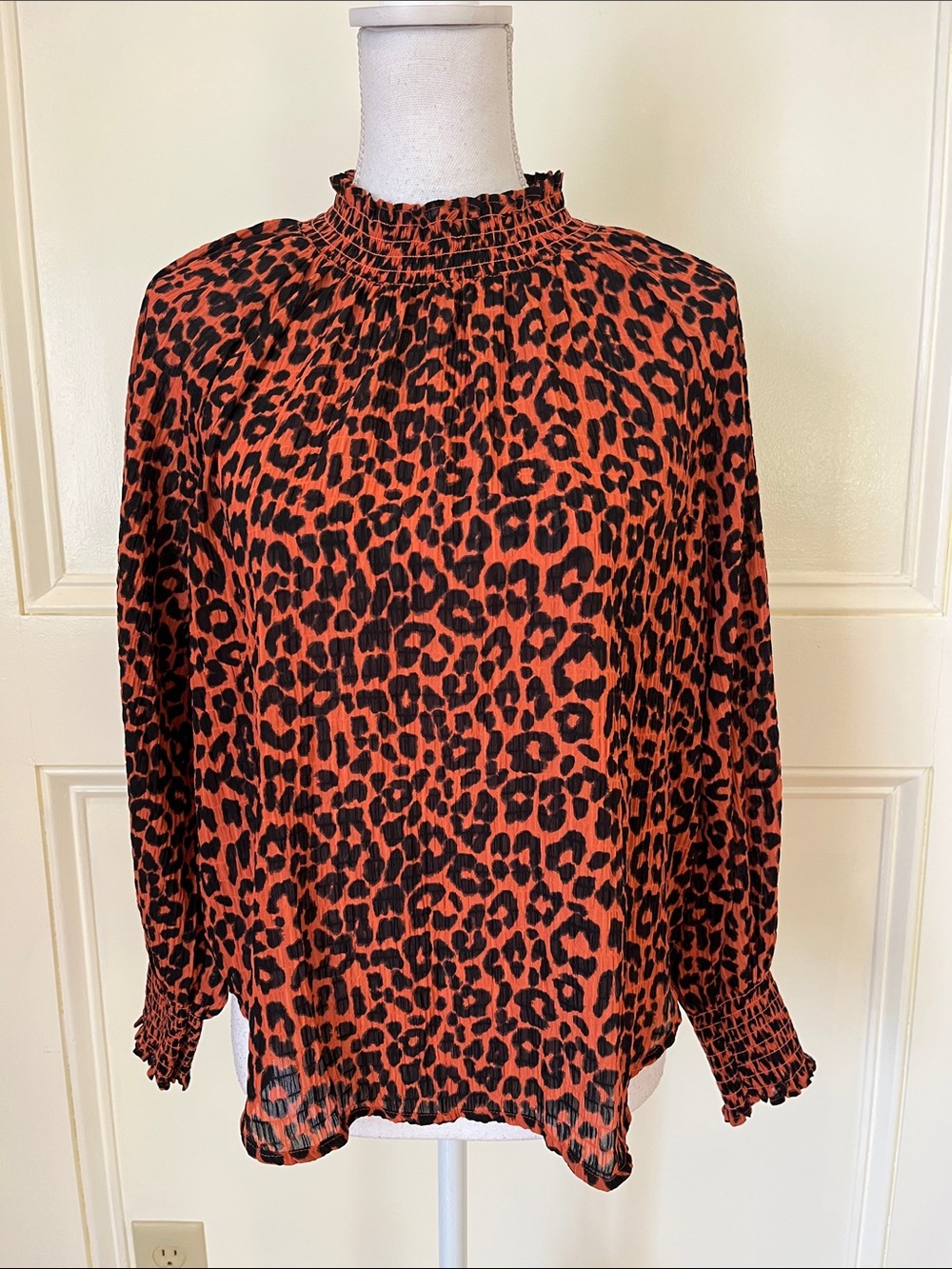 LOFT Orange and Black Leopard Smocked-Neck Blouse